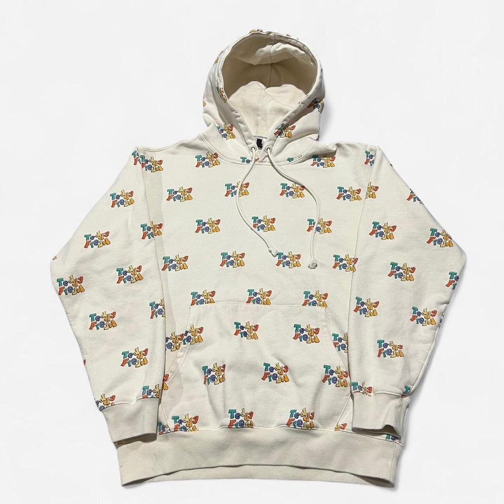 Teddy Fresh Mens Cream Modern All Over Print Logo Pullover Hoodie Size XL